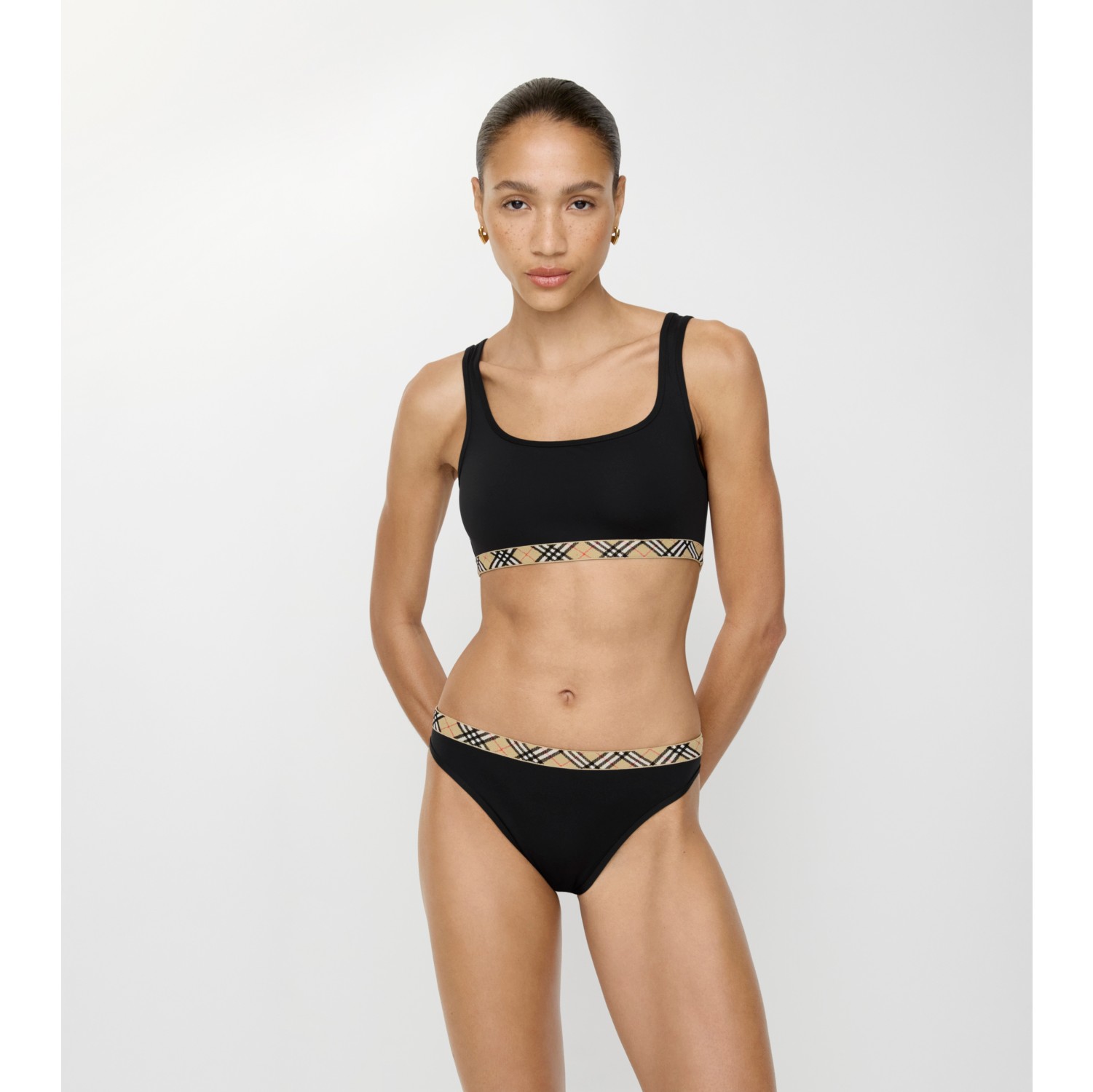 格纹饰边比基尼上衣