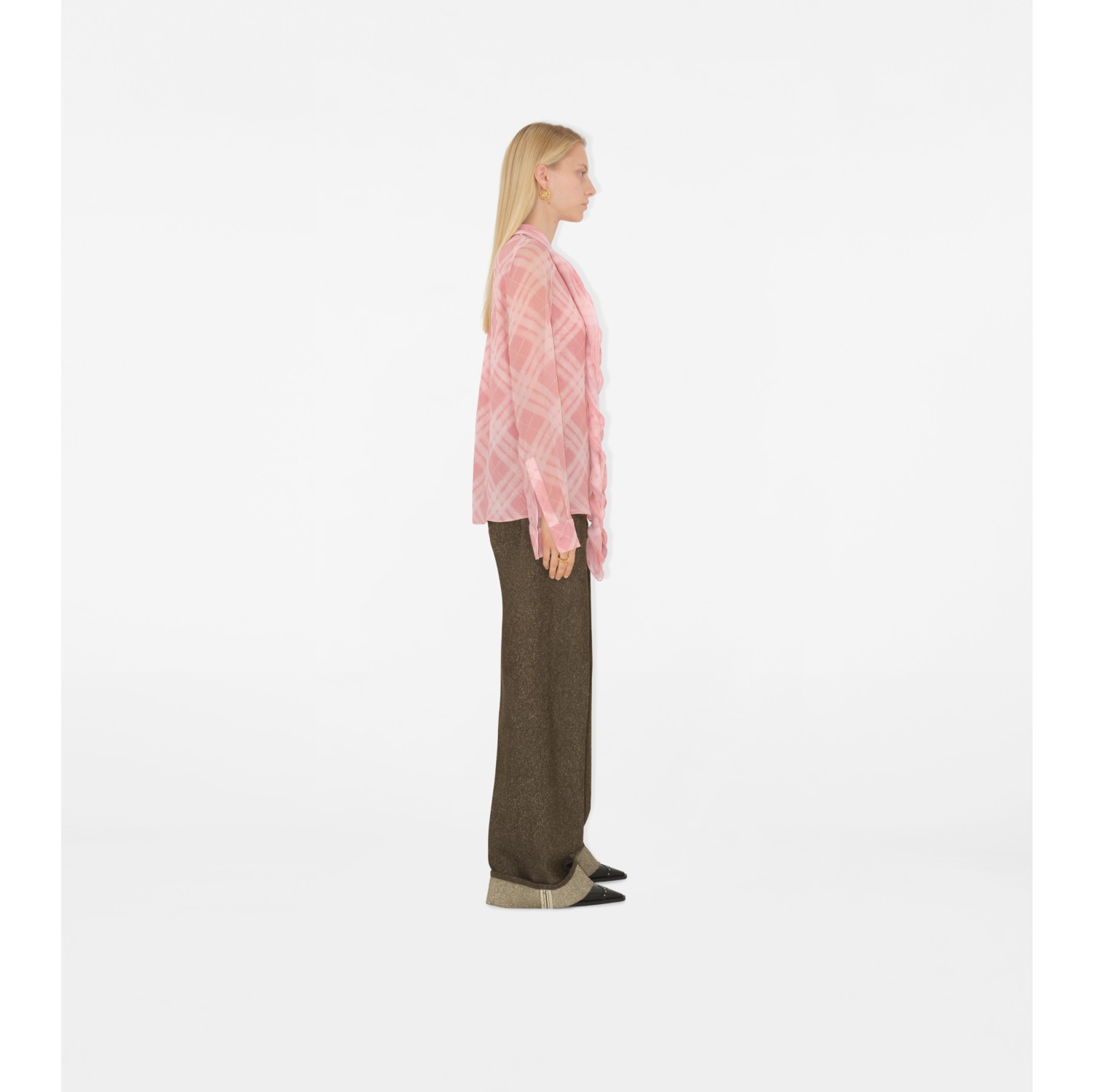 褶饰格纹丝质女衫