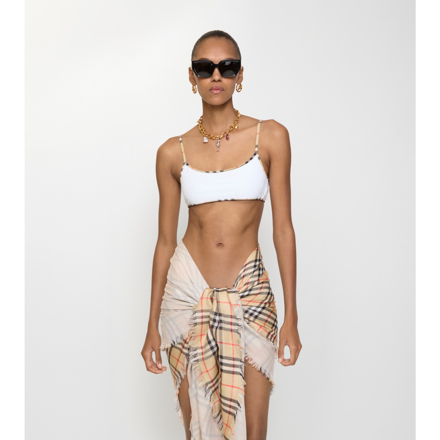 格纹饰边比基尼上衣