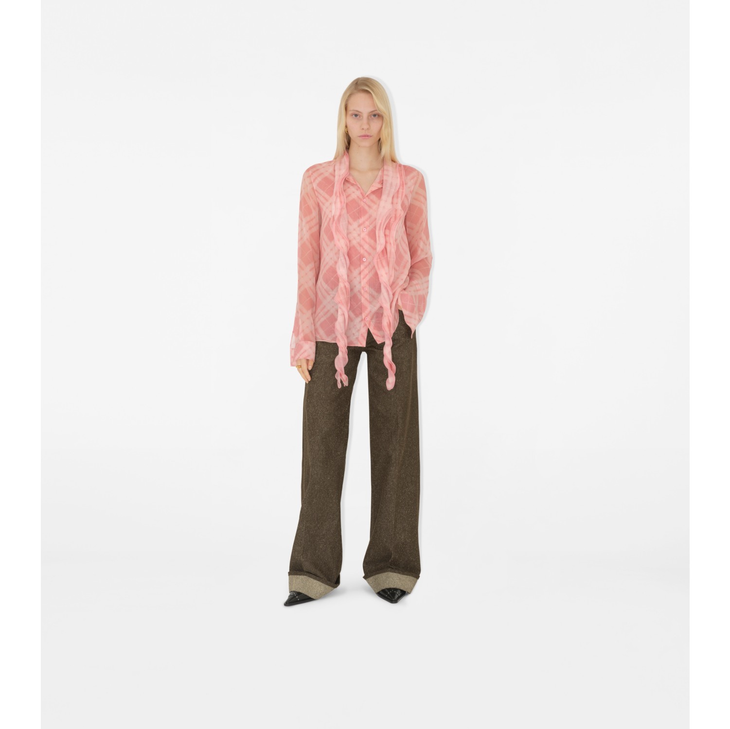 褶饰格纹丝质女衫