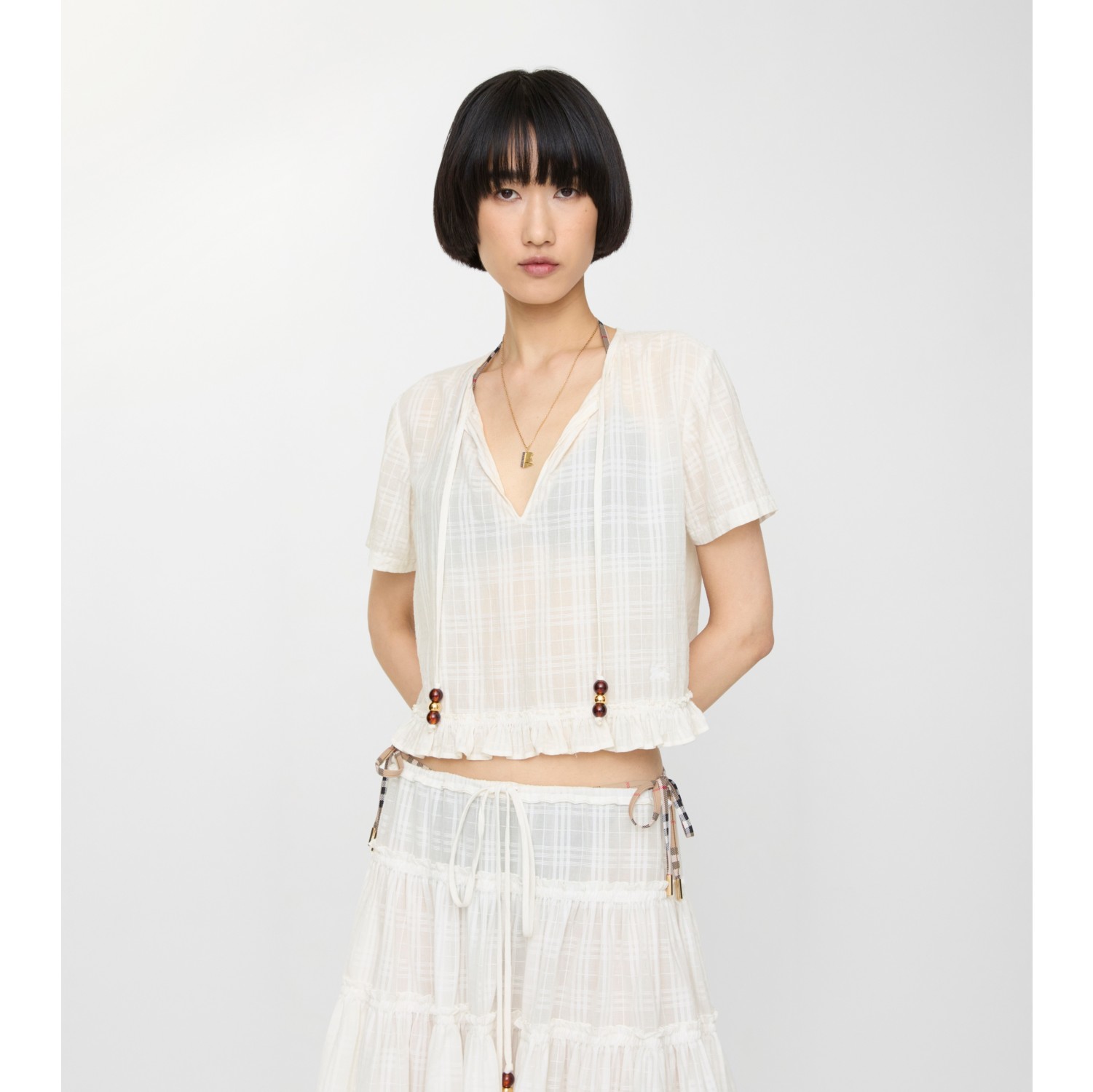 格纹棉质薄纱女衫