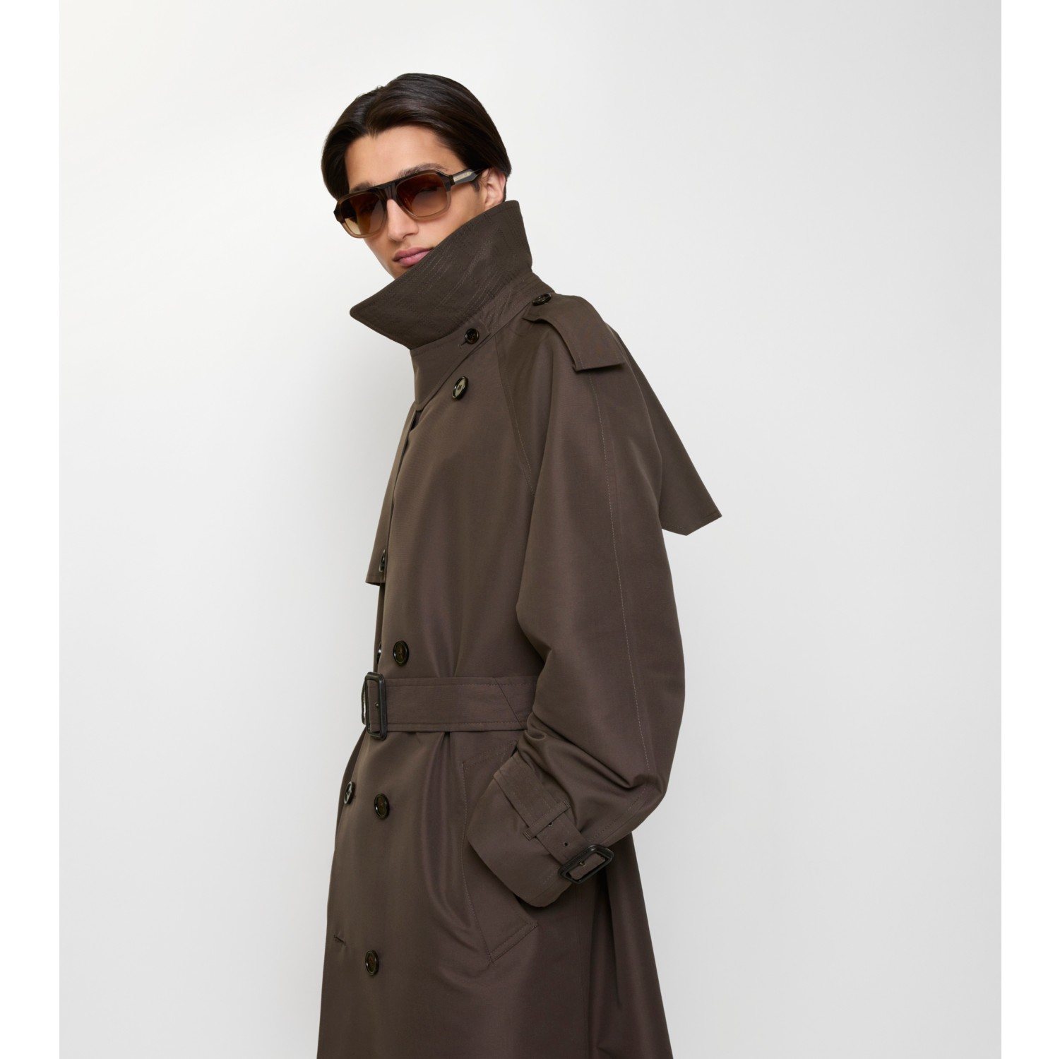 长款格纹衣领丝棉混纺 Trench 风衣