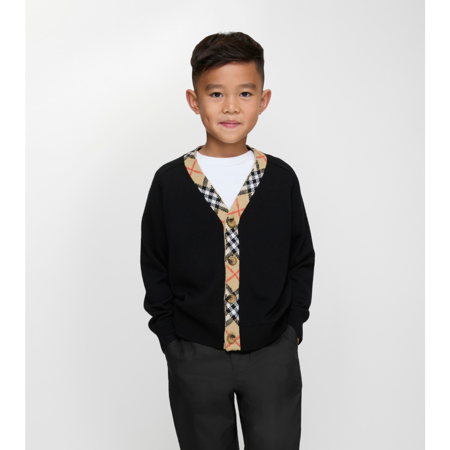 格纹饰边羊毛开衫