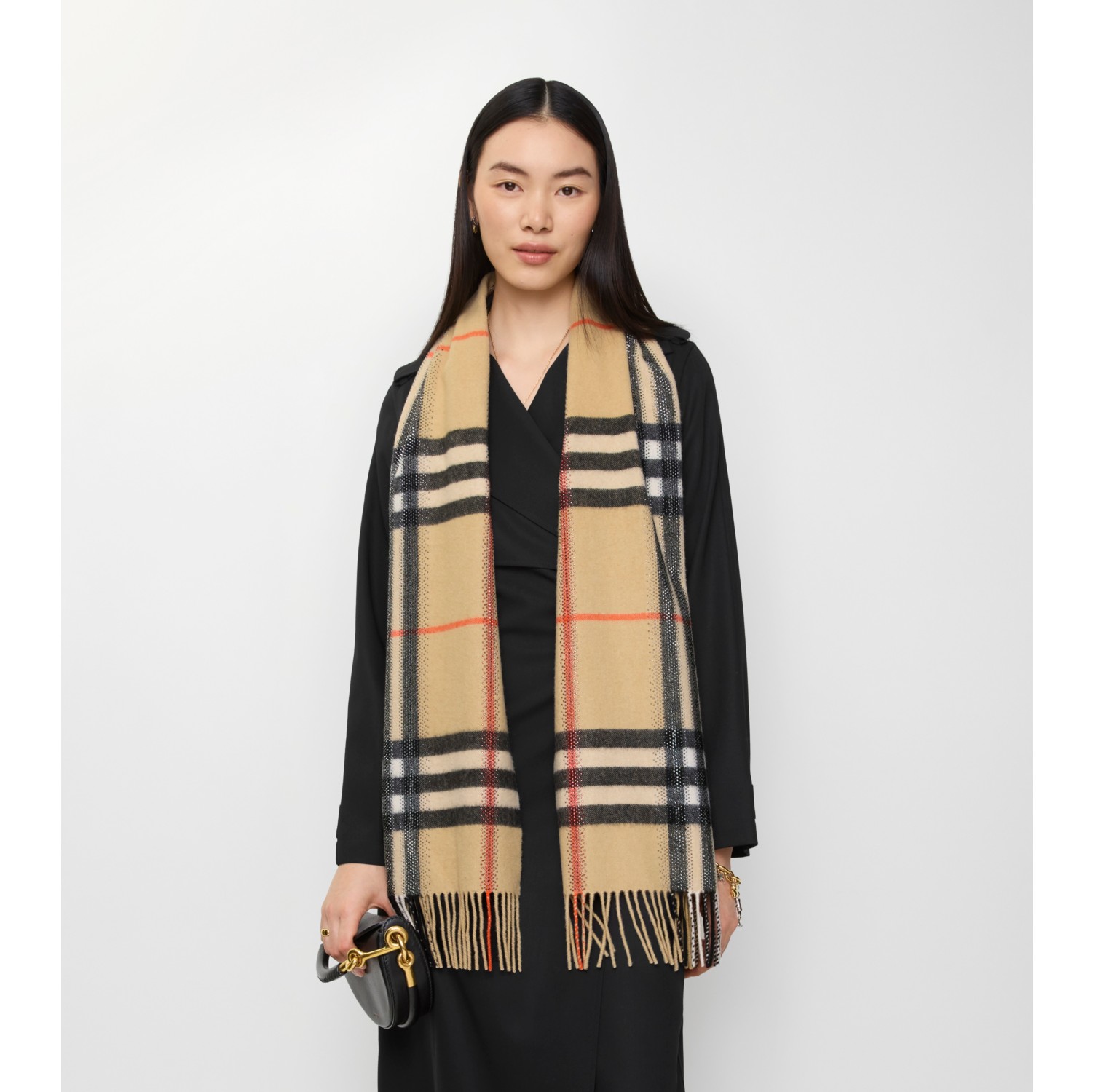 人造水晶装饰格纹羊绒围巾