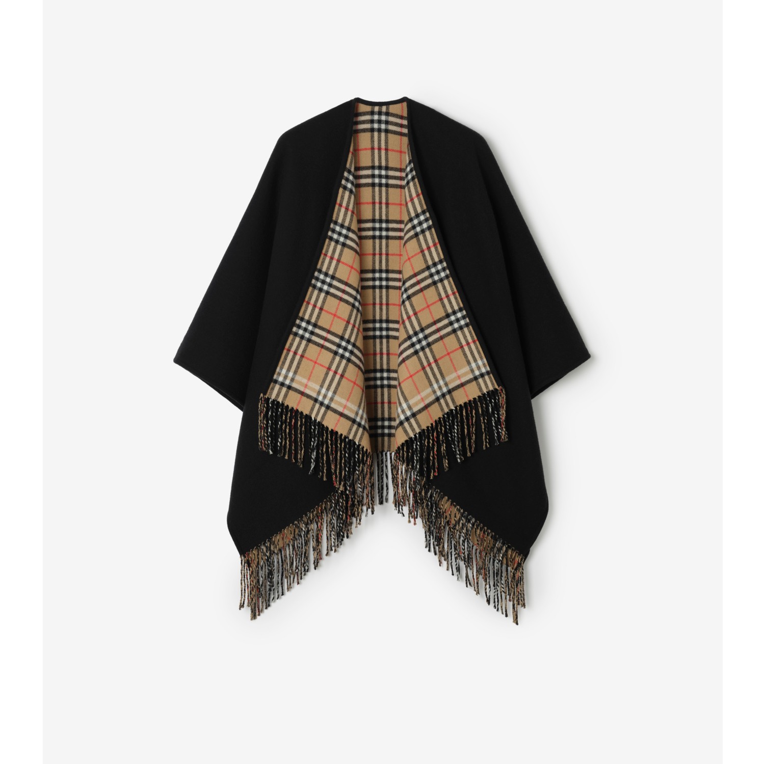 双面两穿格纹羊毛斗篷