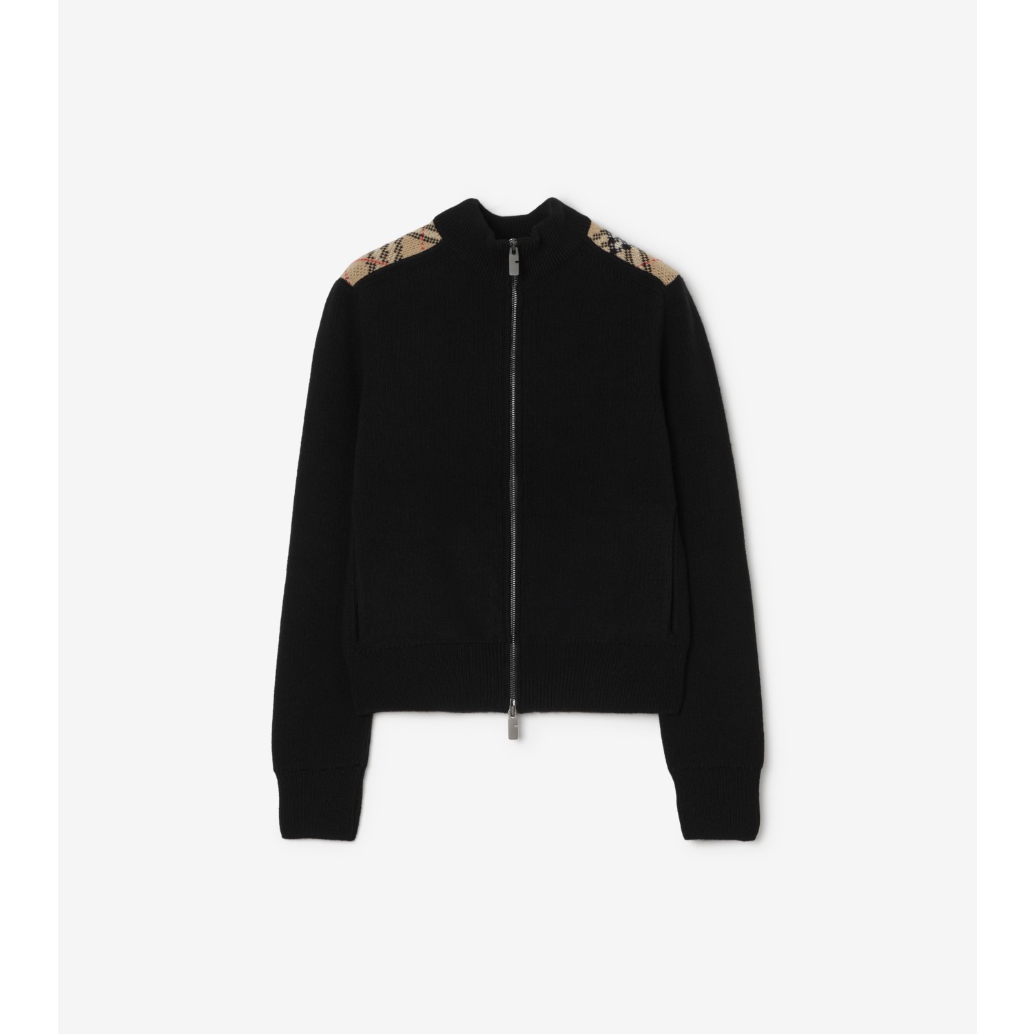 格纹贴片羊毛羊绒混纺开衫