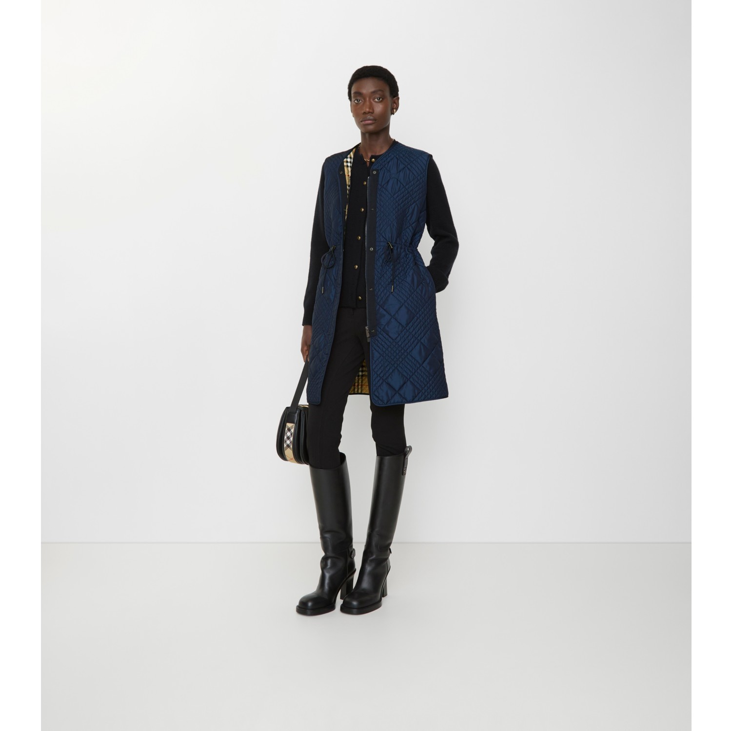 迷你格纹缝线尼龙混纺背心