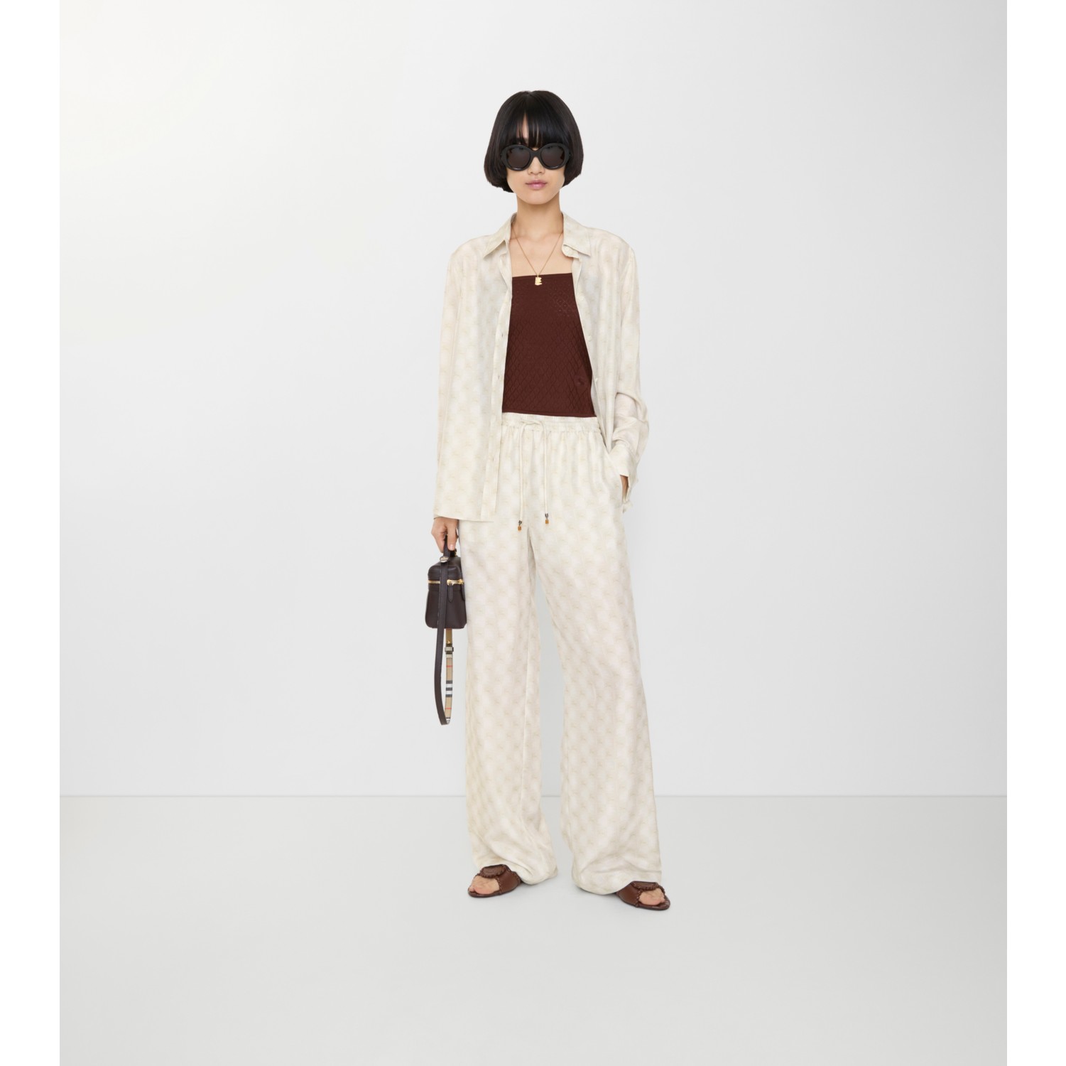 马术骑士徽标棋盘格丝质睡衣式长裤