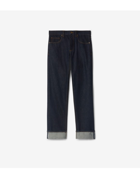 直筒剪裁翻边牛仔裤