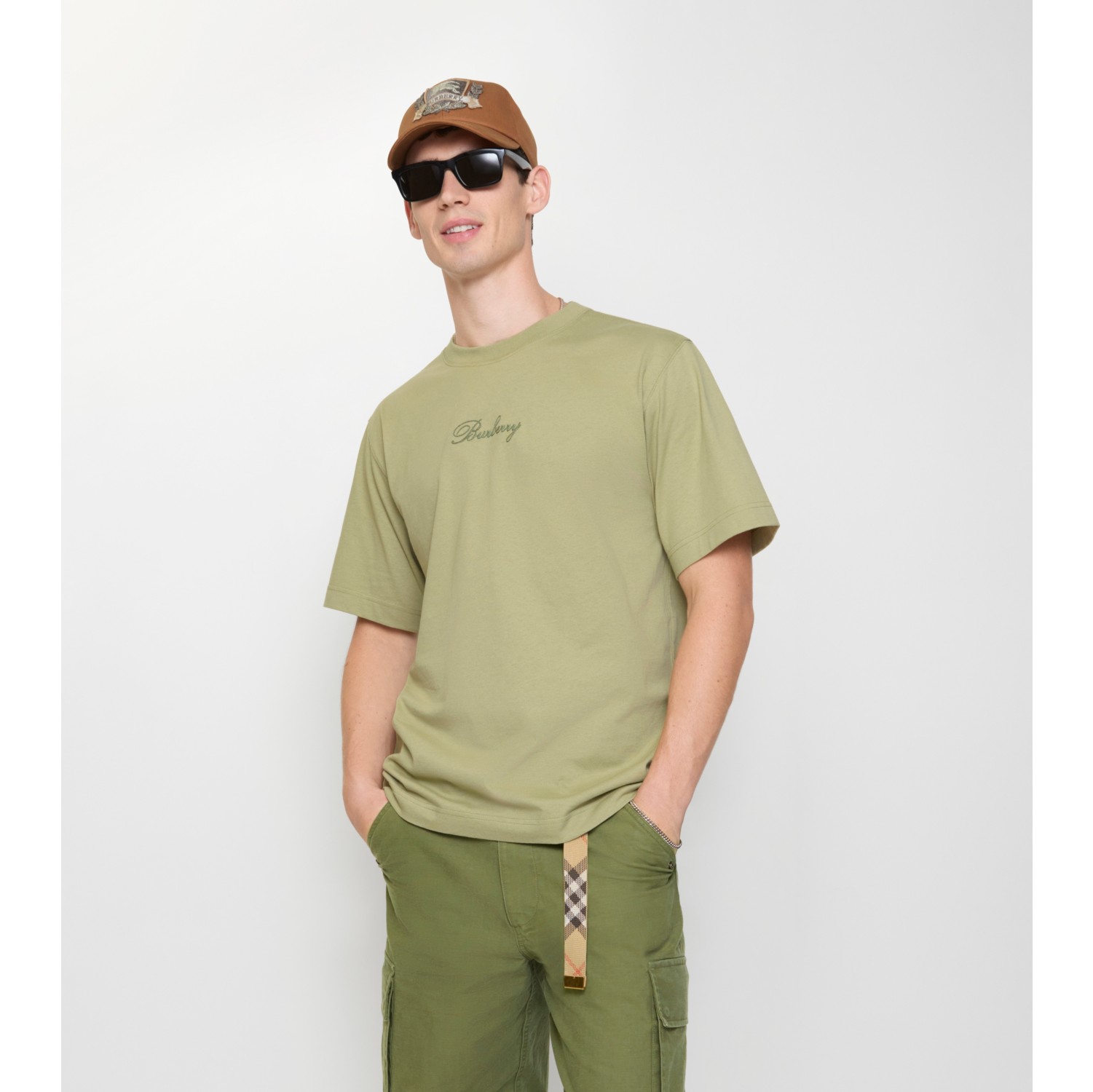 格纹草书风格徽标装饰棉质 T 恤衫