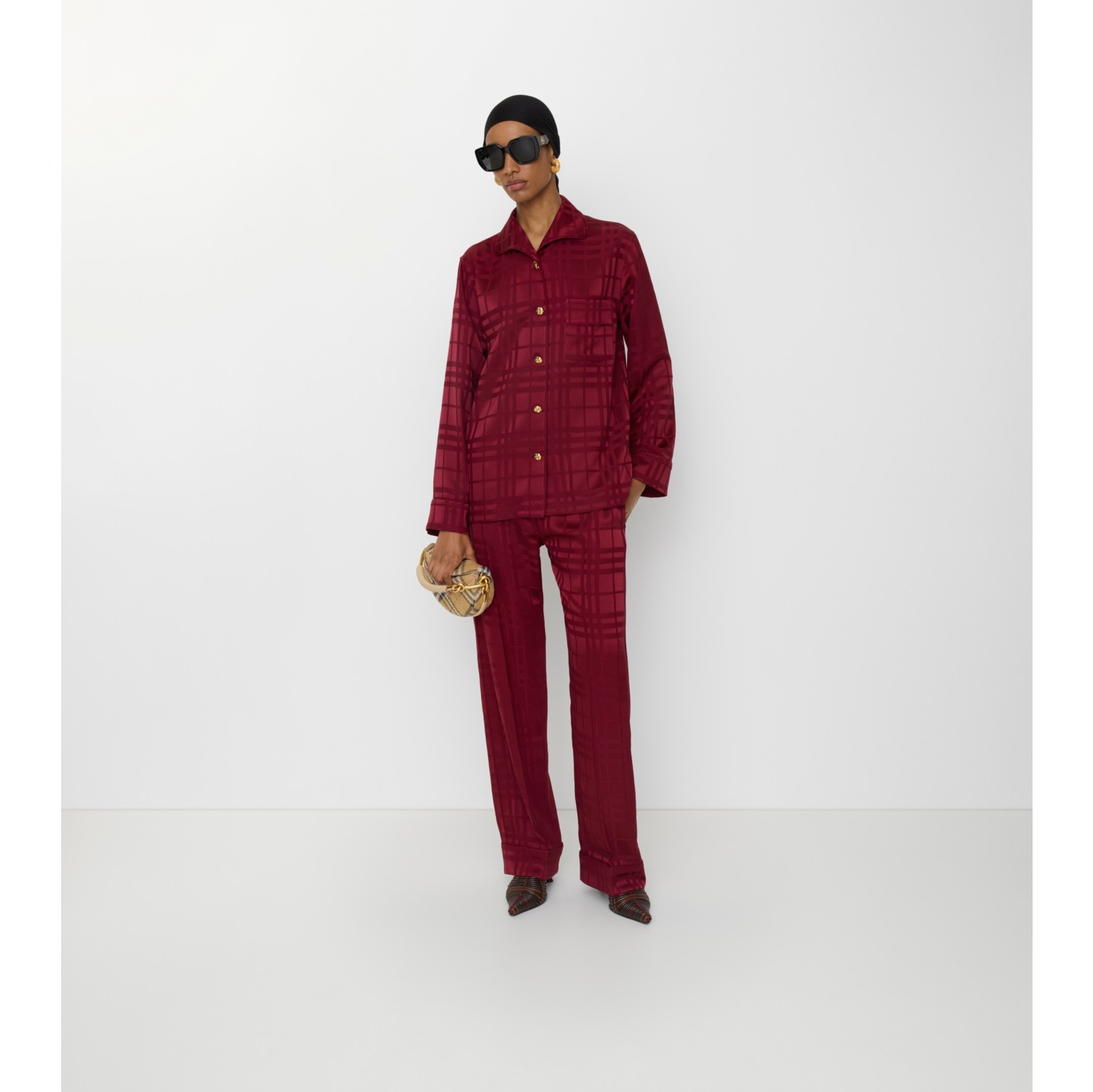 格纹丝质睡衣式长裤