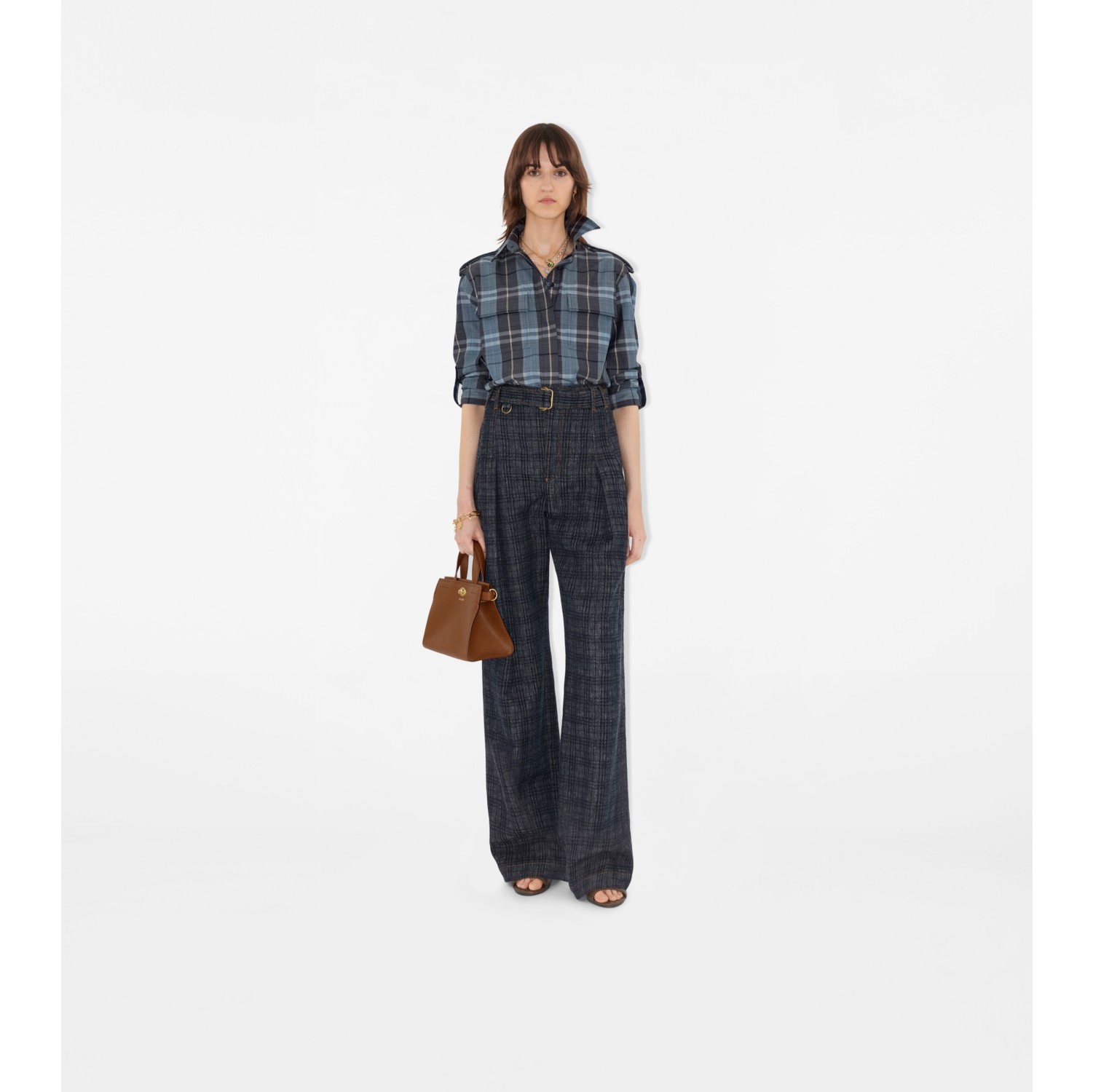 高腰宽版格纹牛仔裤