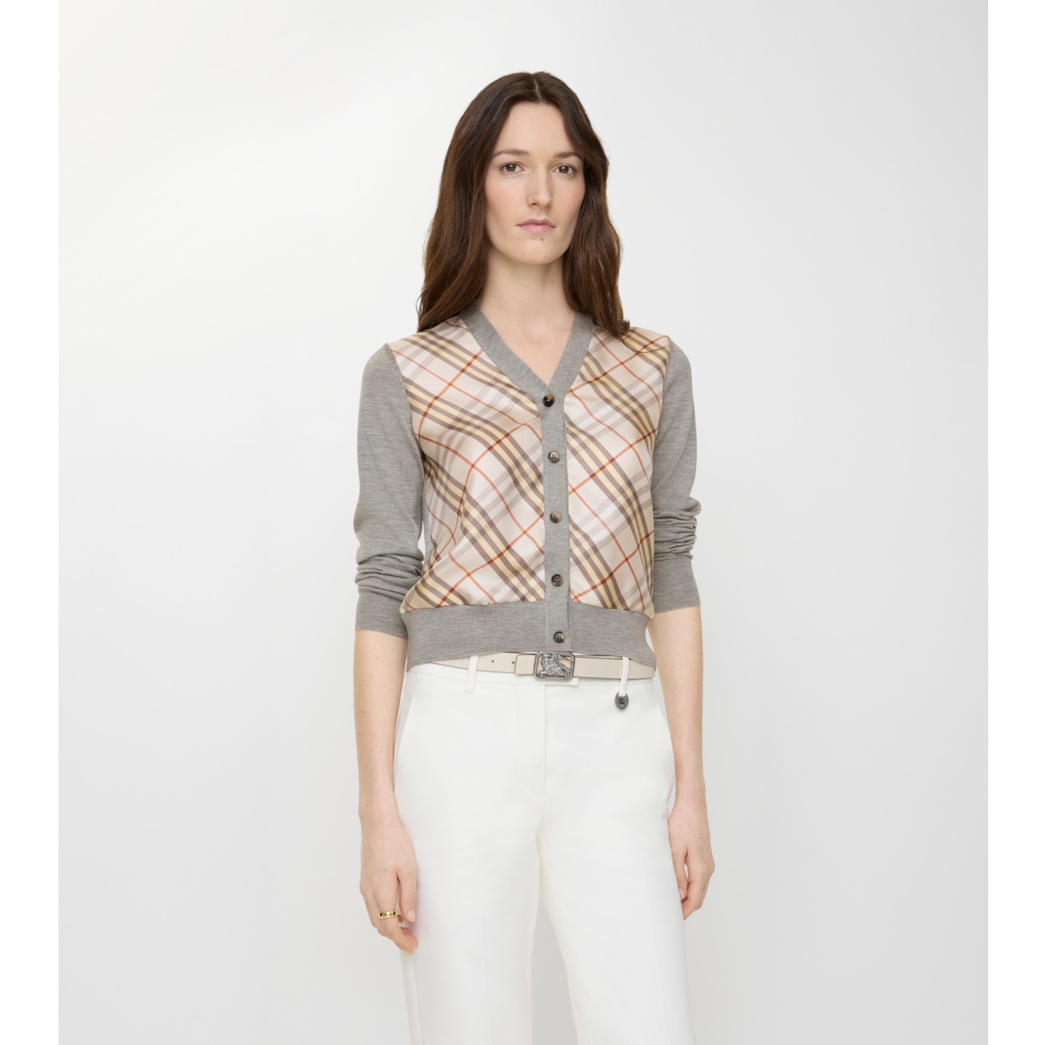 格纹裁片丝毛混纺开衫