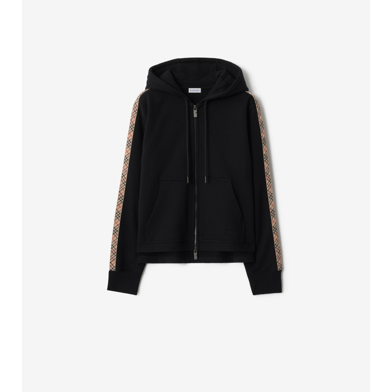 格纹装饰棉质拉链连帽衫