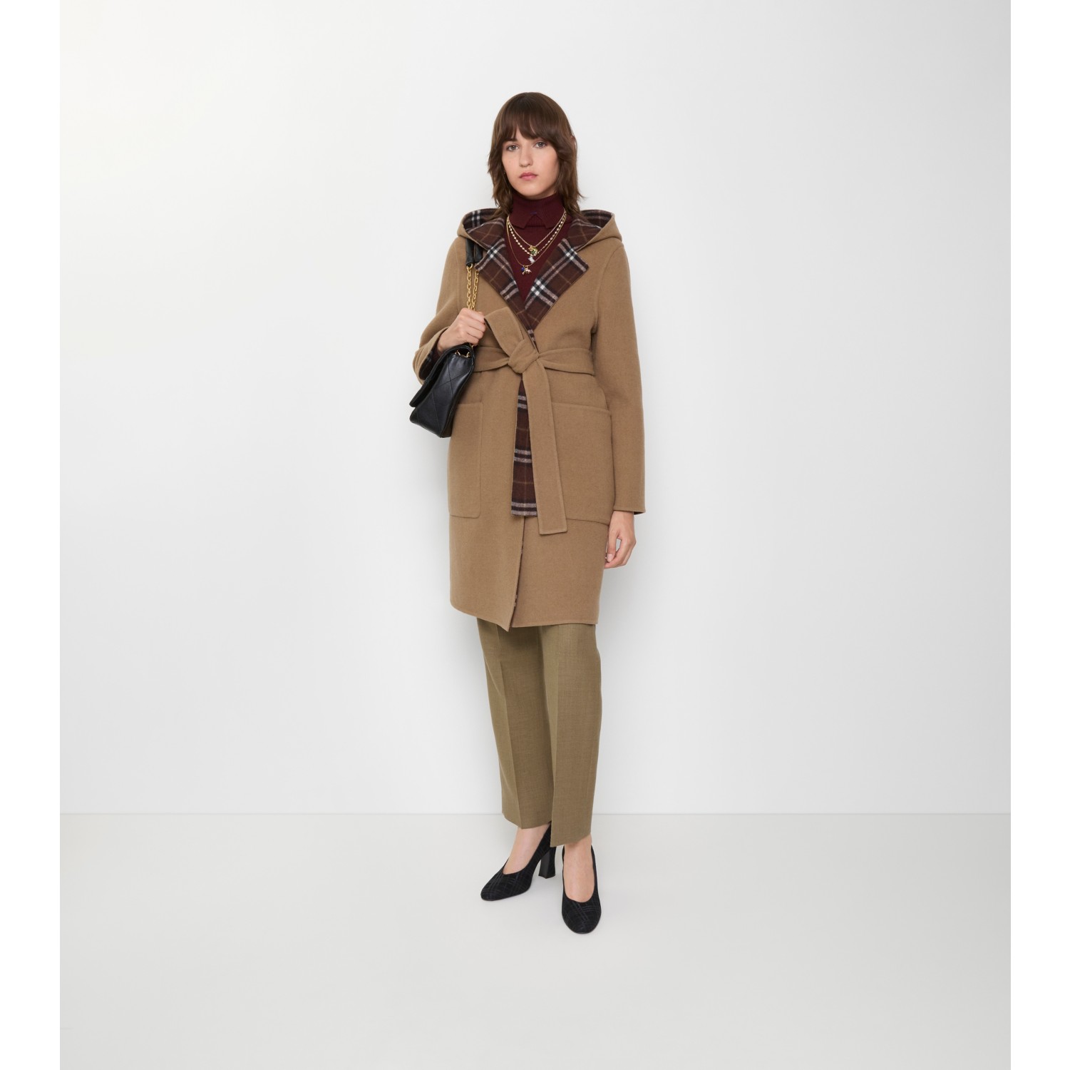 双面两穿羊毛围裹式连帽大衣