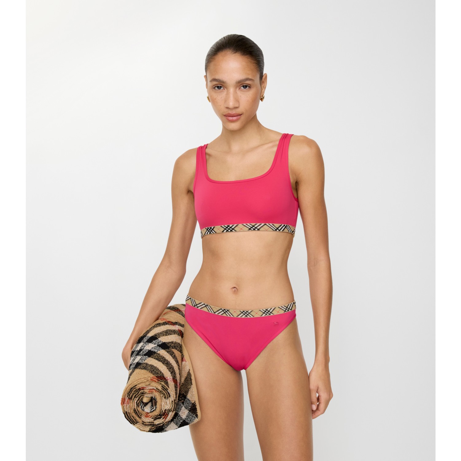 格纹饰边比基尼上衣