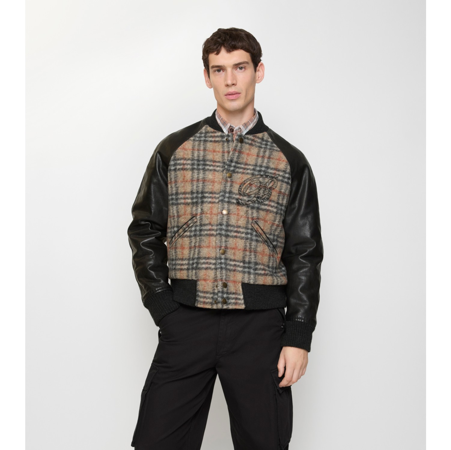 格纹羊毛拼皮革飞行夹克