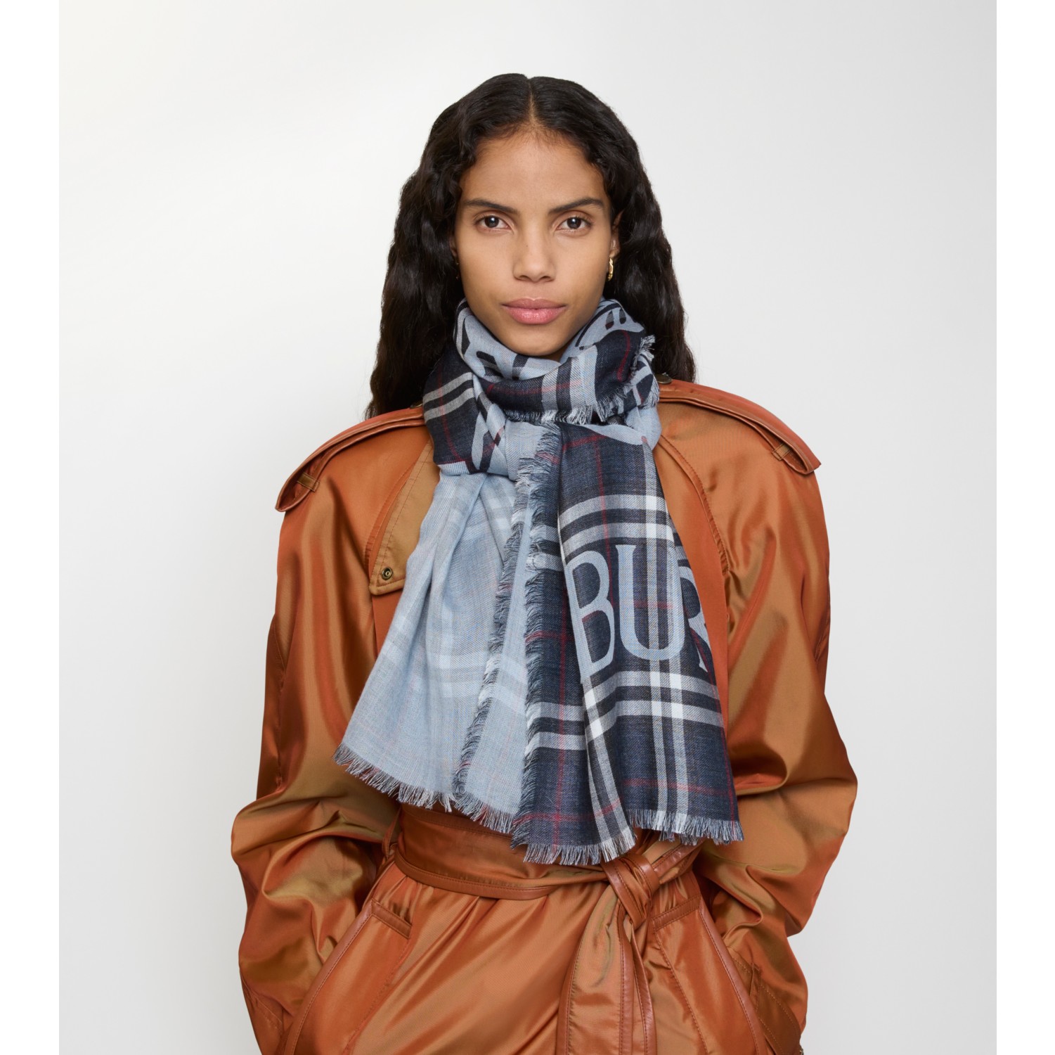 马术骑士徽标格纹丝毛混纺宽版围巾