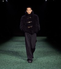 Model in Wool blend shawl collar jacket in black 