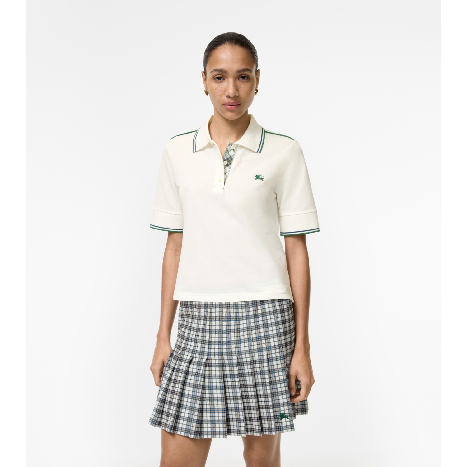 短款格纹棉质珠地网眼布 Polo 衫