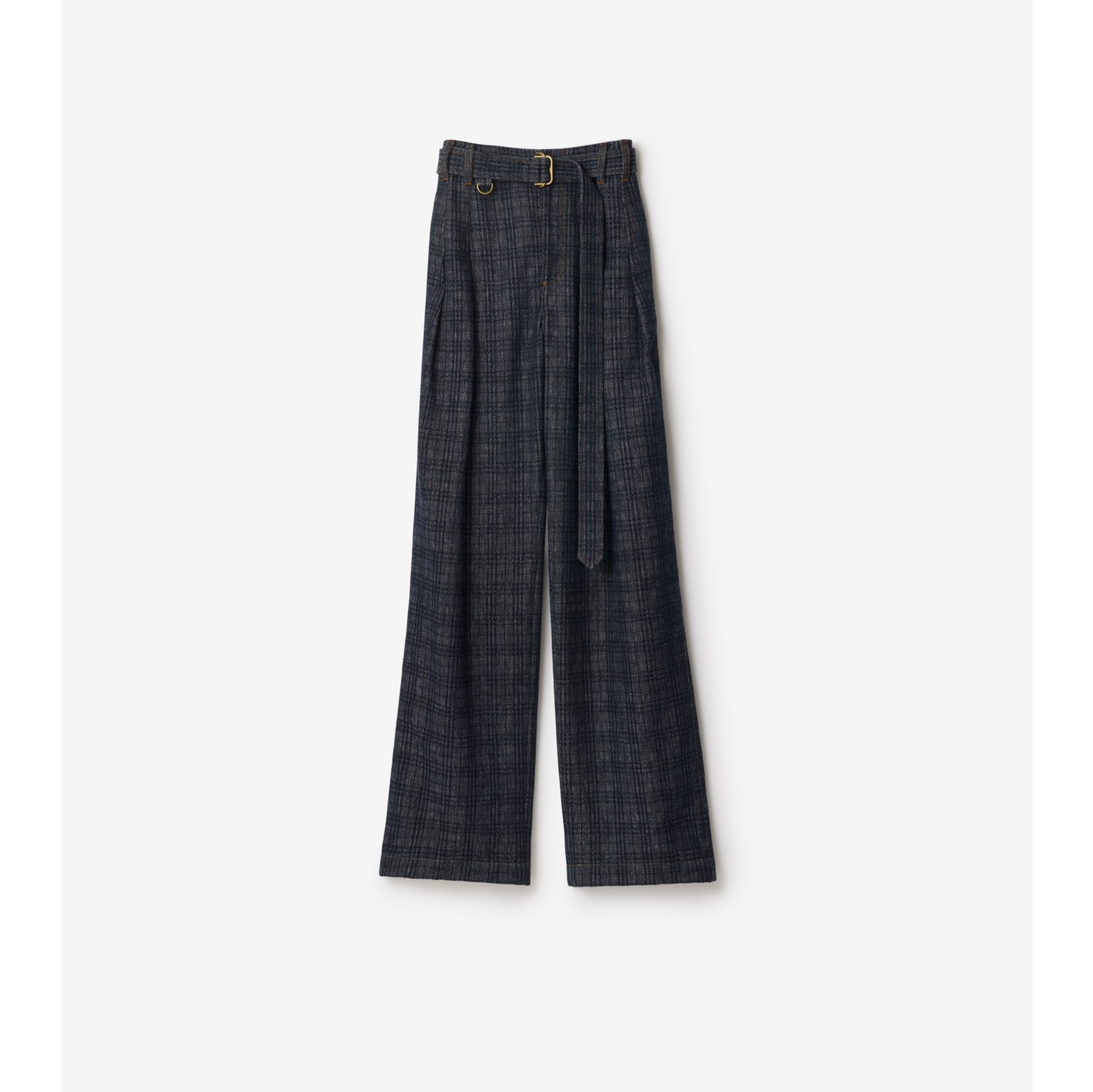 高腰宽版格纹牛仔裤