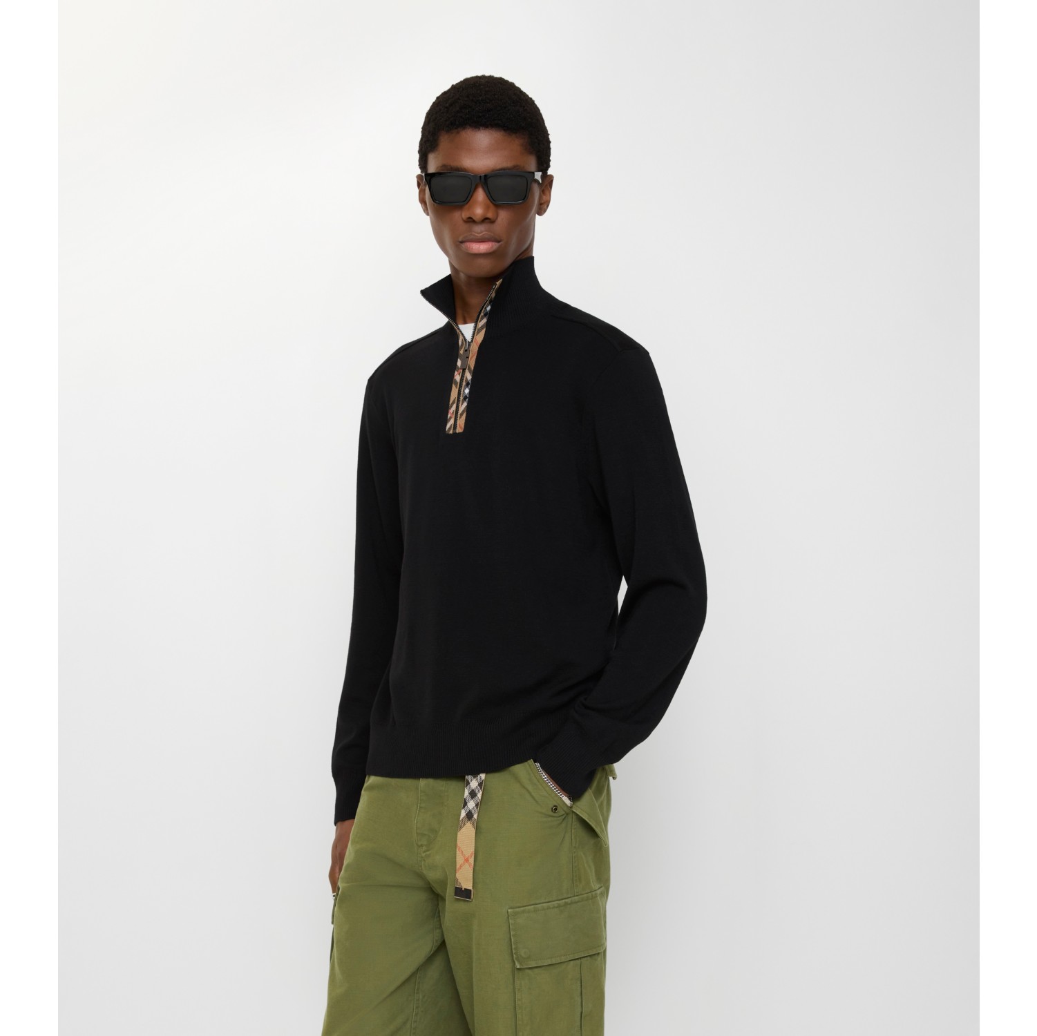 格纹装饰羊毛半拉链针织衫