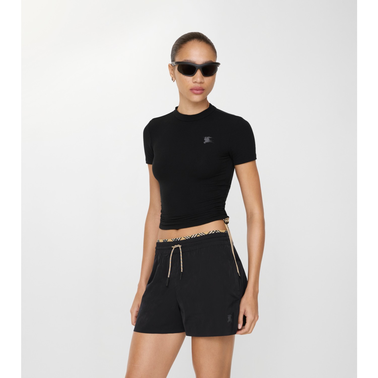 格纹装饰弹力莫代尔羊绒混纺 T 恤衫