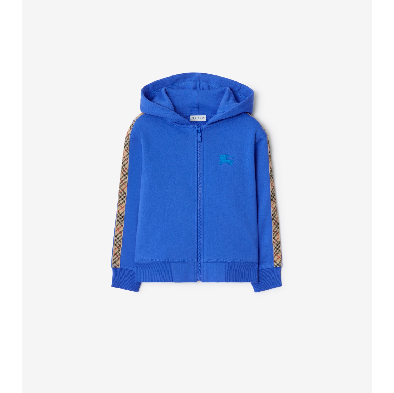 格纹装饰棉质拉链连帽衫