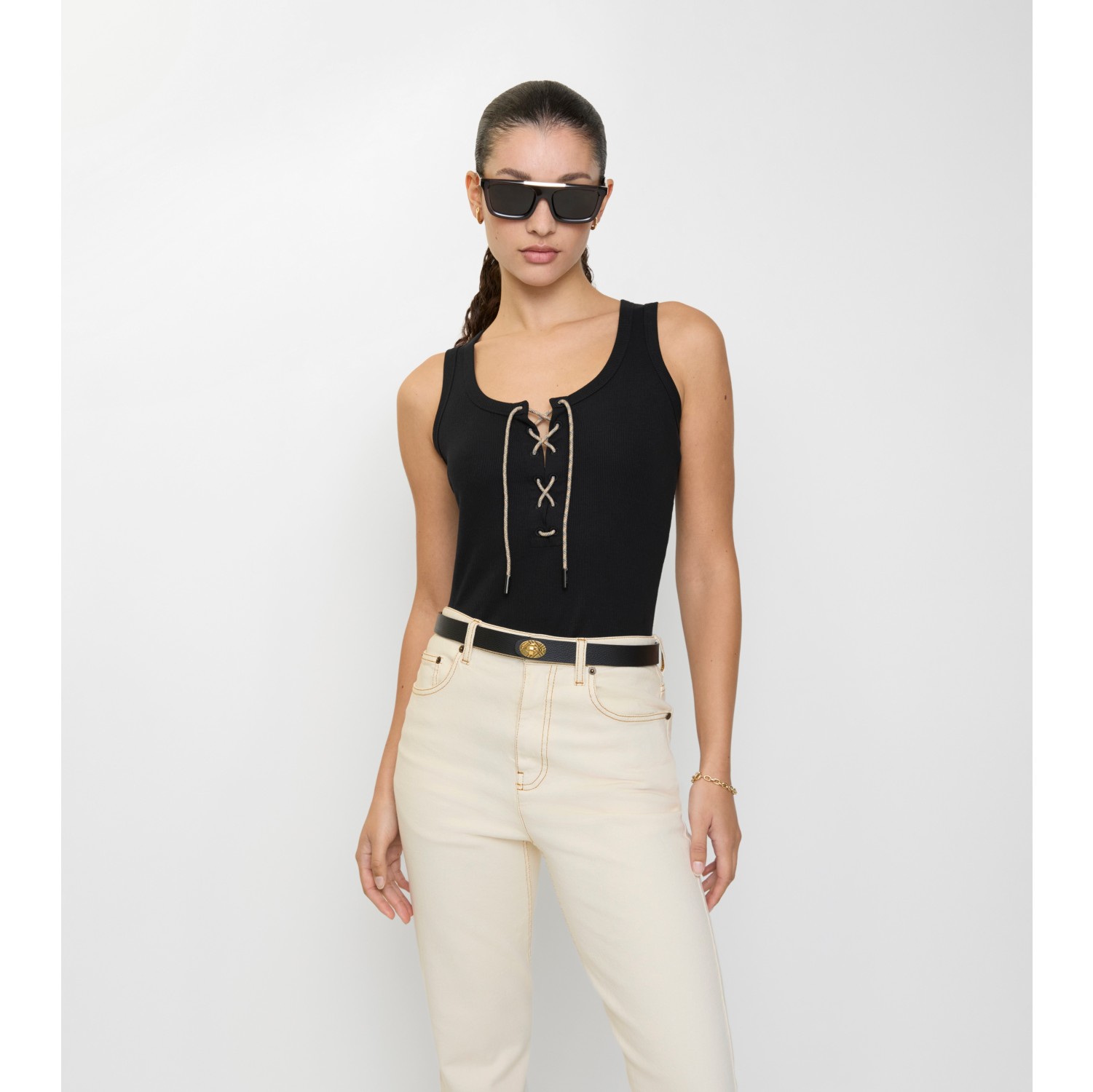 格纹装饰棉质混纺背心