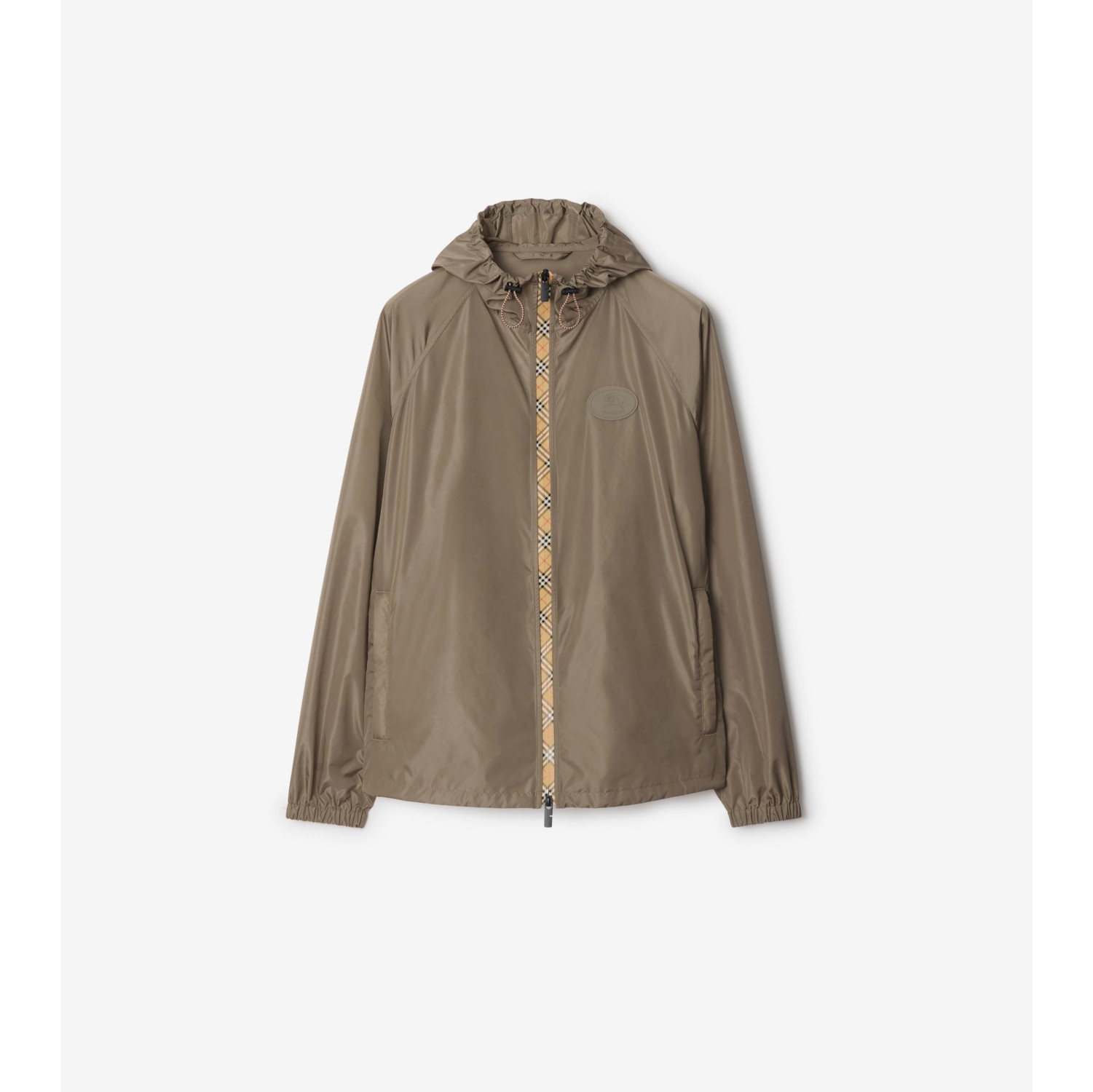 格纹饰带尼龙连帽外套