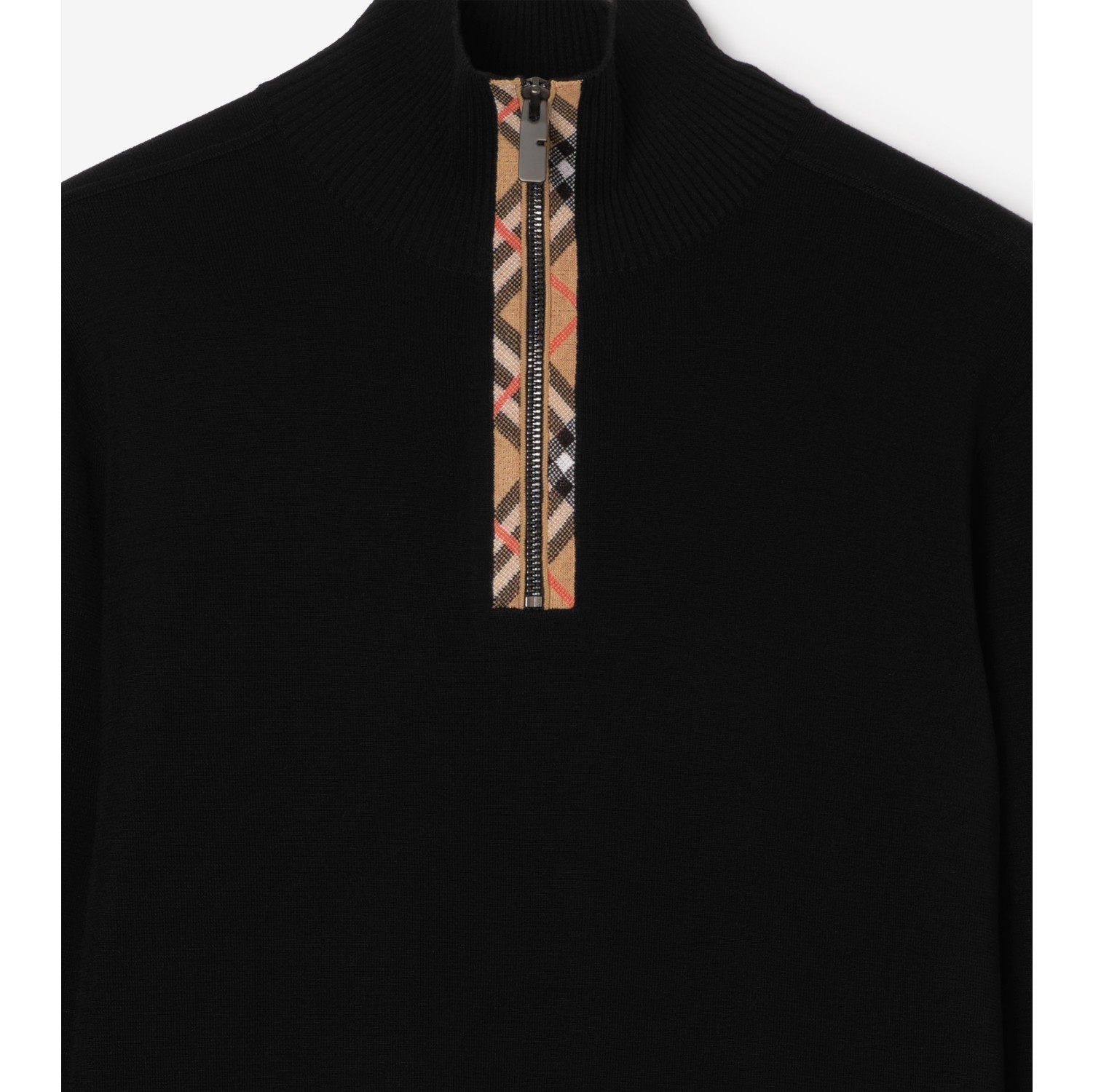 格纹装饰羊毛半拉链针织衫