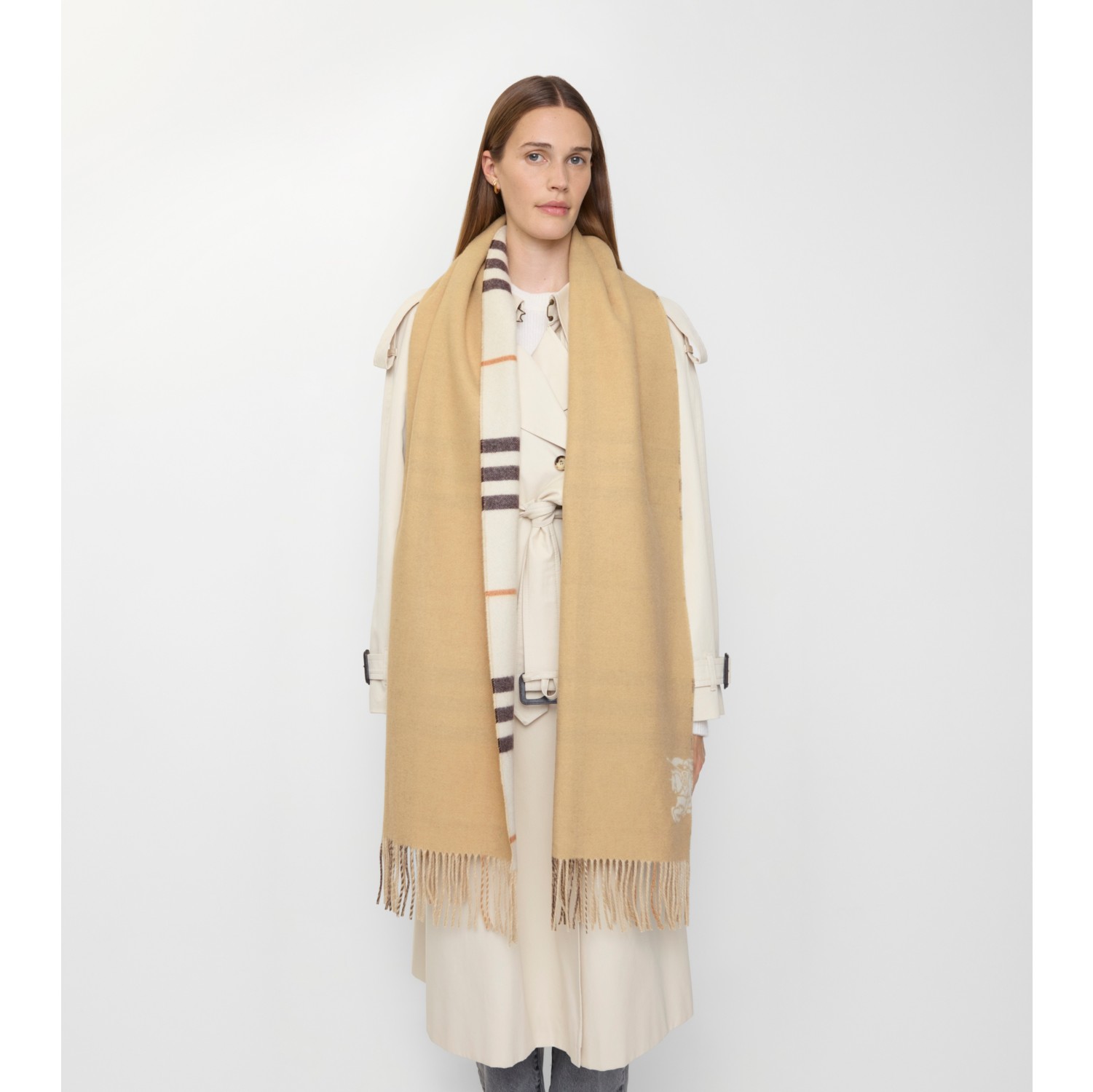 双面两用宽版格纹羊绒围巾