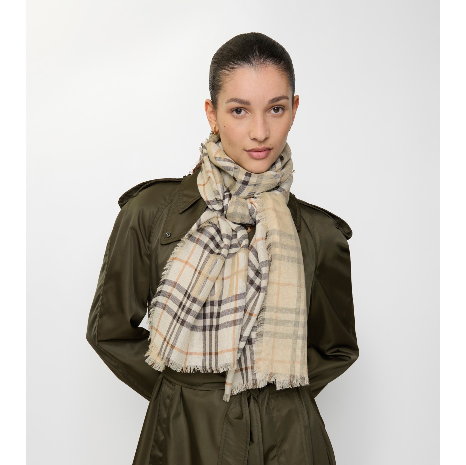 马术骑士徽标格纹丝毛混纺宽版围巾