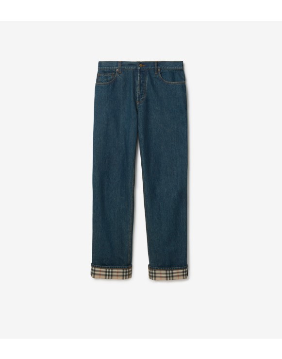 直筒剪裁格纹翻边牛仔裤