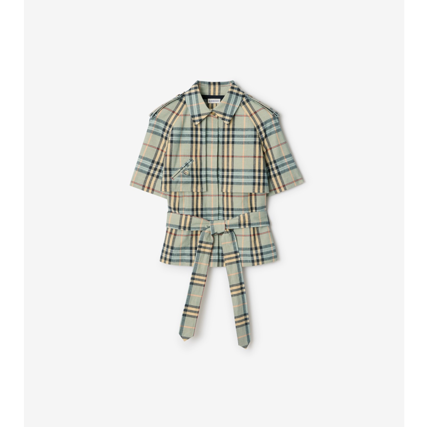 短款格纹亚麻羊毛 Trench 衬衫