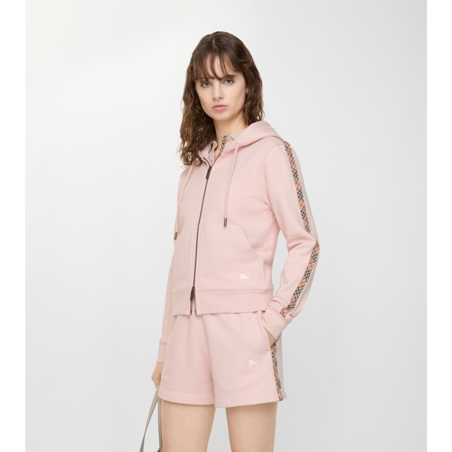 格纹装饰棉质拉链连帽衫