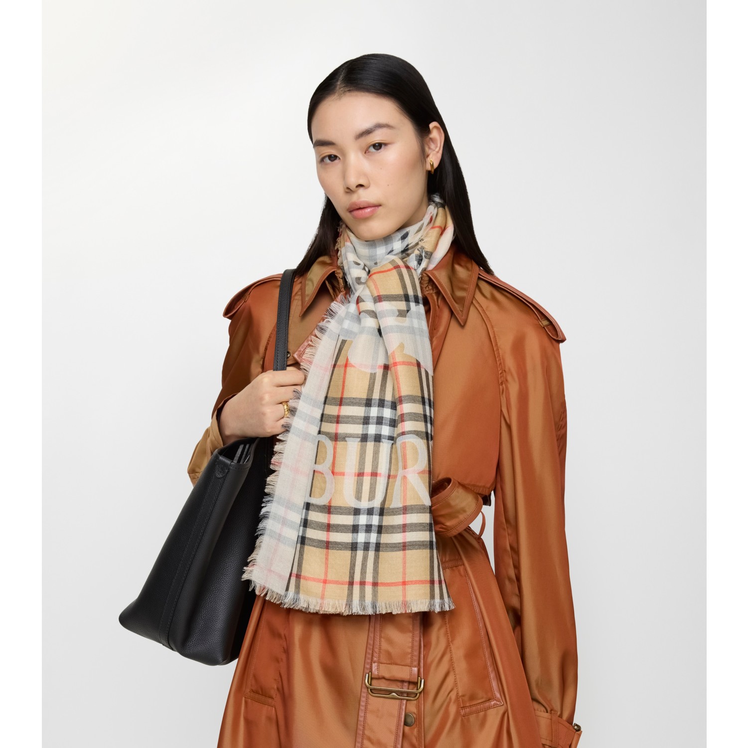 马术骑士徽标格纹丝毛混纺宽版围巾