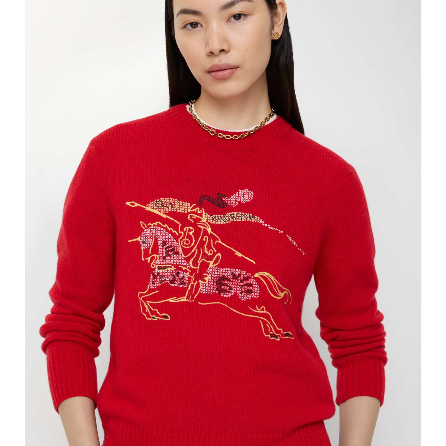 十字绣马术骑士徽标羊毛混纺针织衫