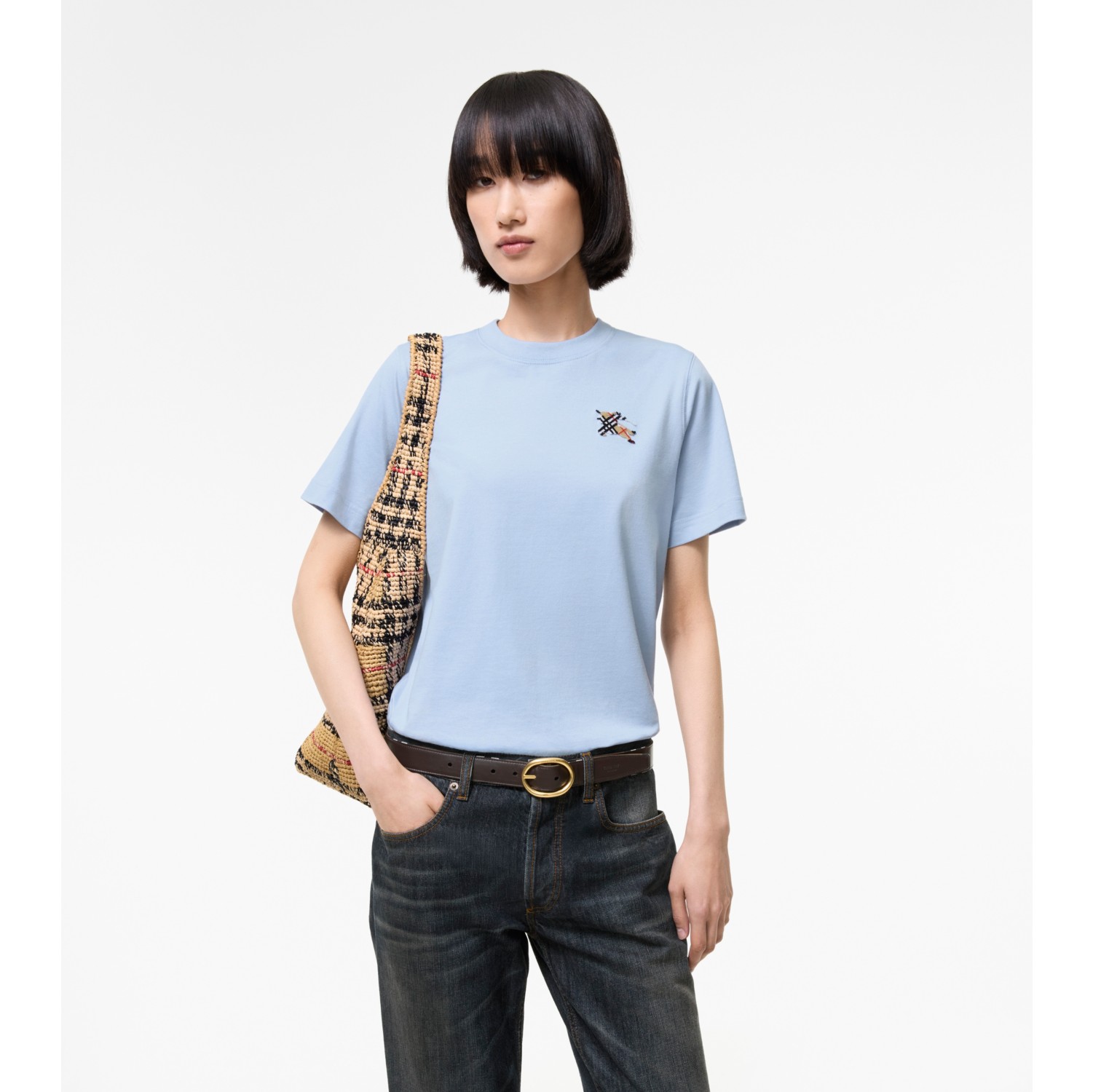 马术骑士徽标格纹棉质 T 恤衫